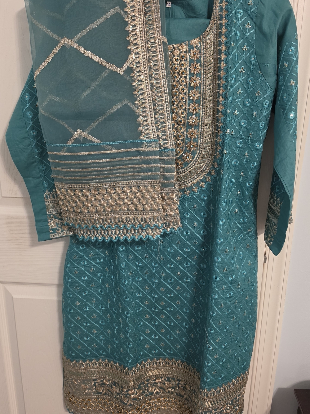 Teal Embroidered Pakistani/Indian Suit with Gold Accents New